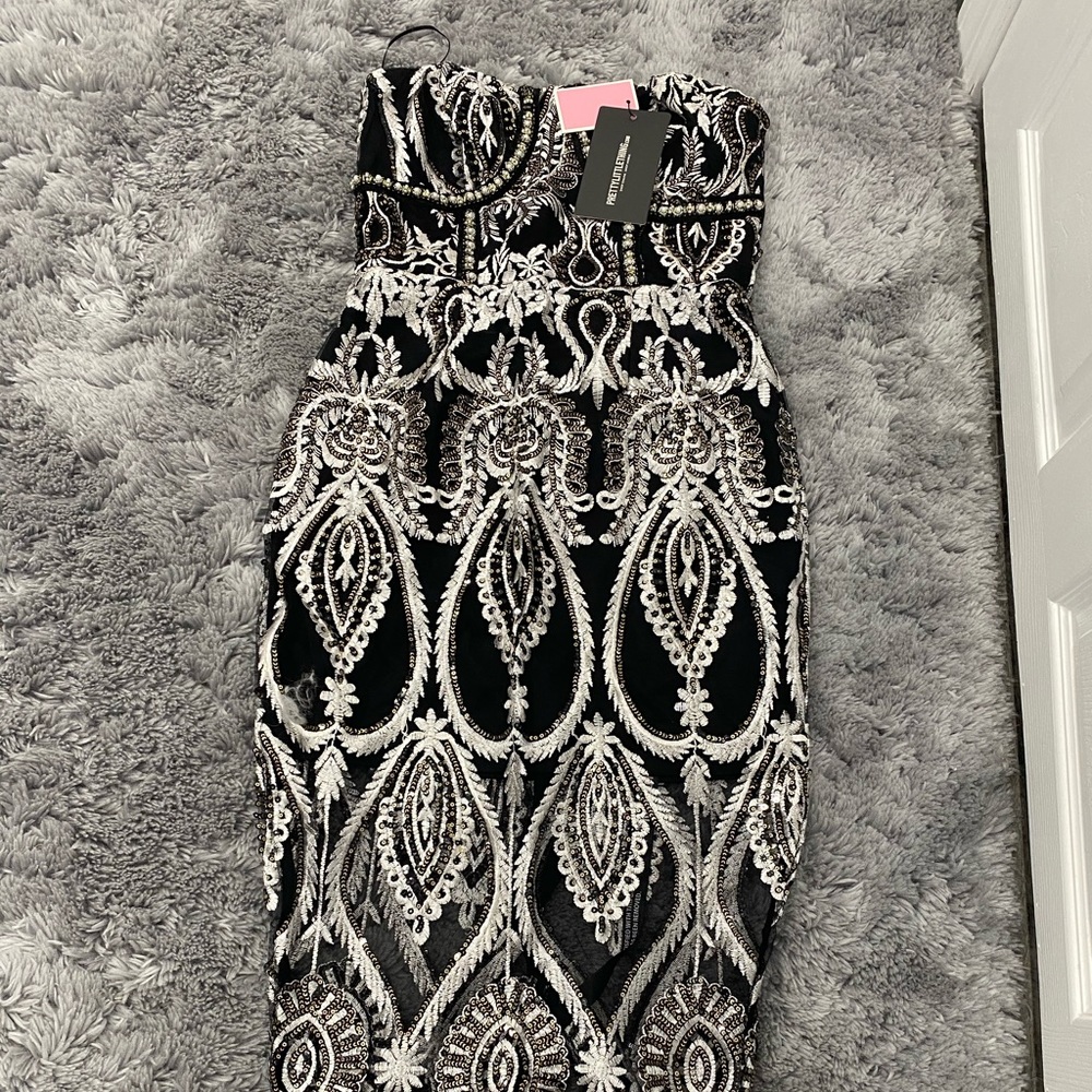 PrettyLittleThing Black and White Embroidered Midi Dress